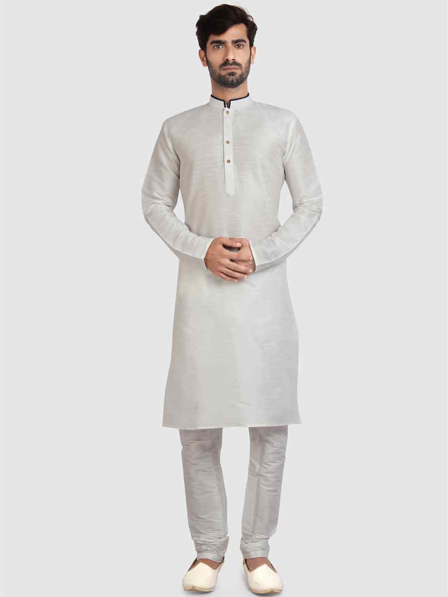 White Art Silk Plain Festival Kurta