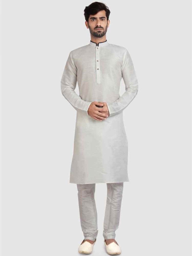 White Art Silk Plain Festival Kurta