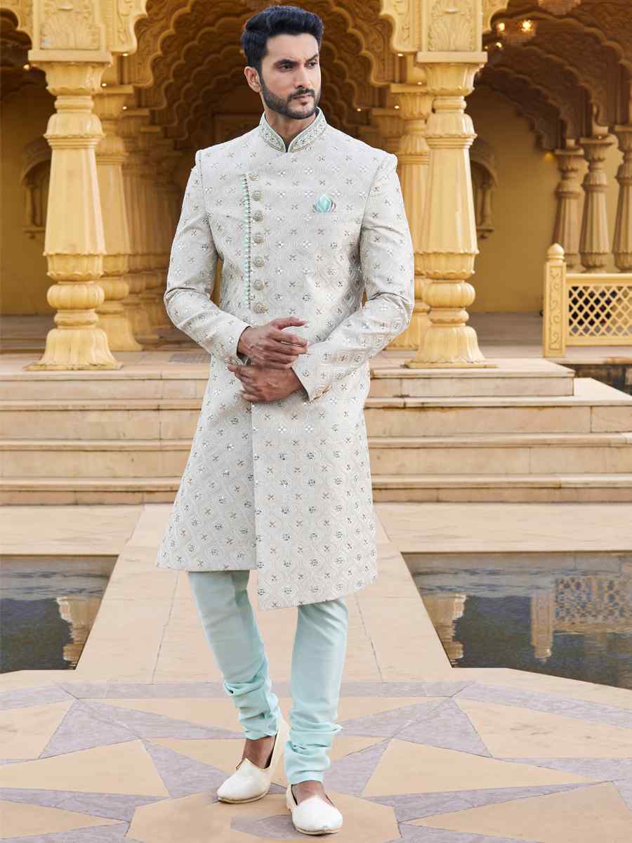 White Art Silk Woven Wedding Groom Sherwani