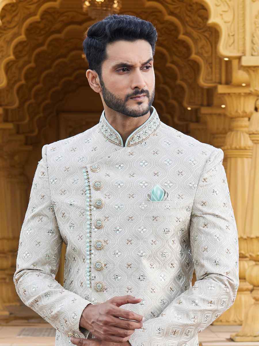 White Art Silk Woven Wedding Groom Sherwani