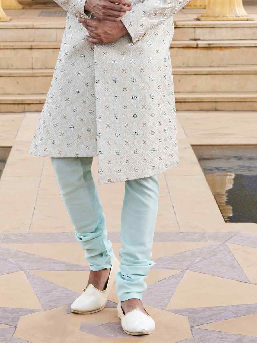 White Art Silk Woven Wedding Groom Sherwani