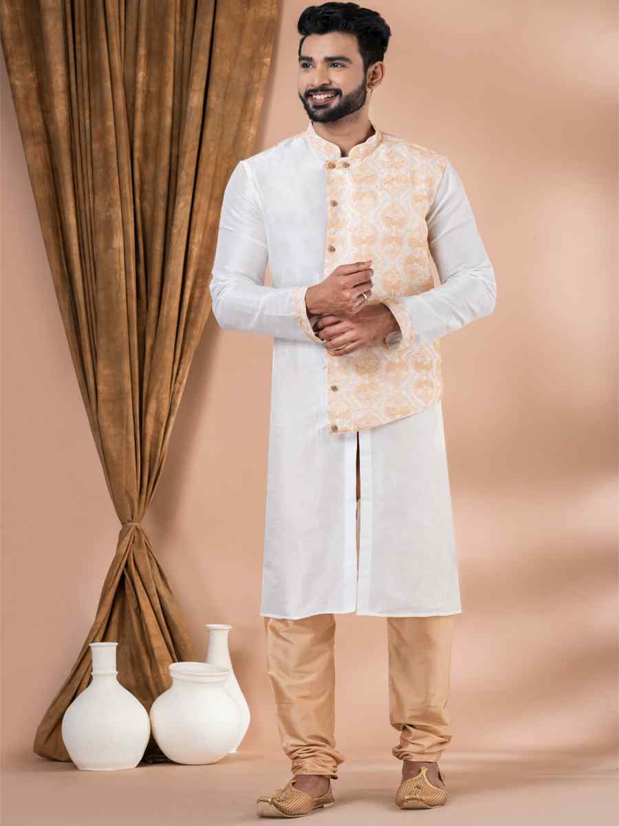 White Banarasi Dhupion Silk Embroidered Festival Party Kurta
