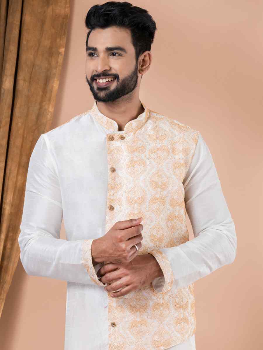 White Banarasi Dhupion Silk Embroidered Festival Party Kurta