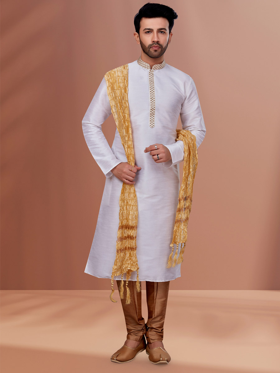White Banarasi Dhupion Woven Festival Kurta