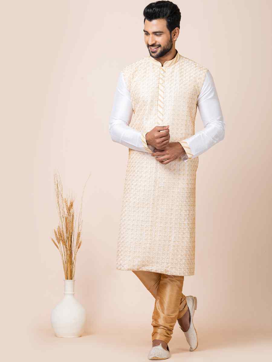 White Banarasi Dupion Woven Festival Mehendi Kurta