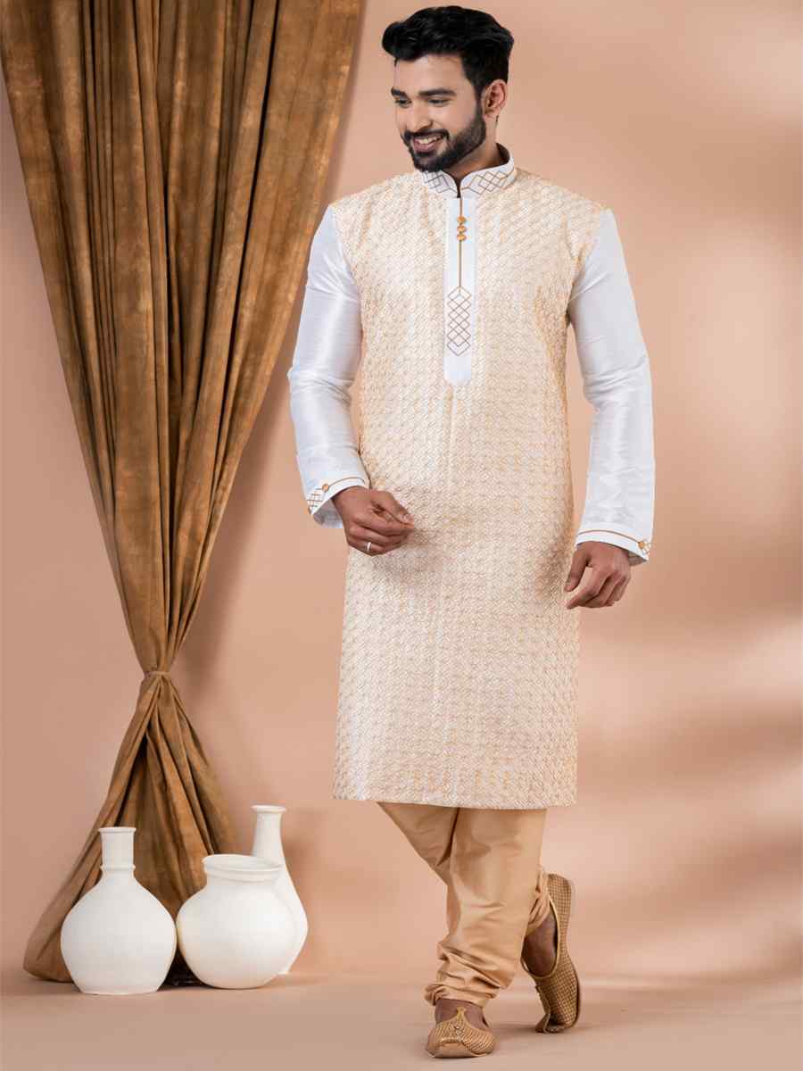 White Banarasi Dupion Woven Festival Wedding Kurta