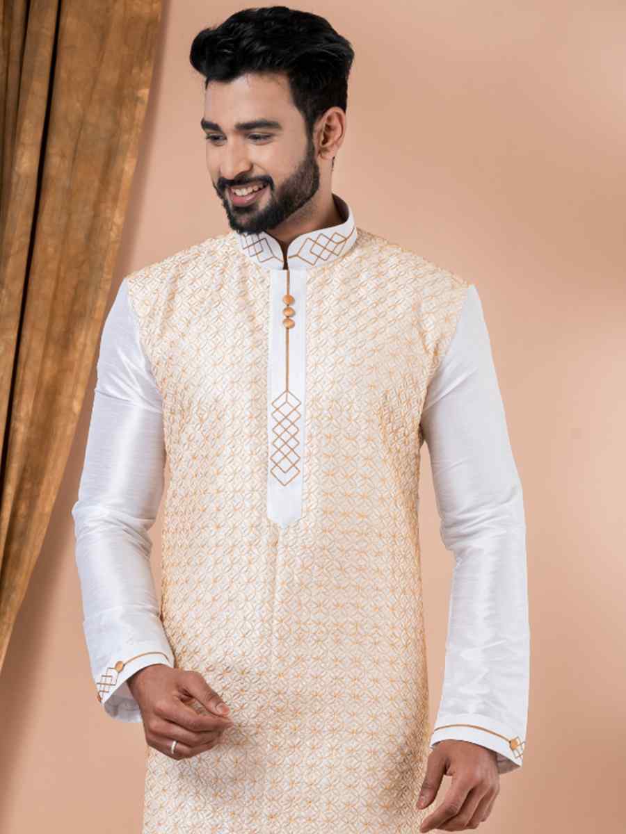 White Banarasi Dupion Woven Festival Wedding Kurta