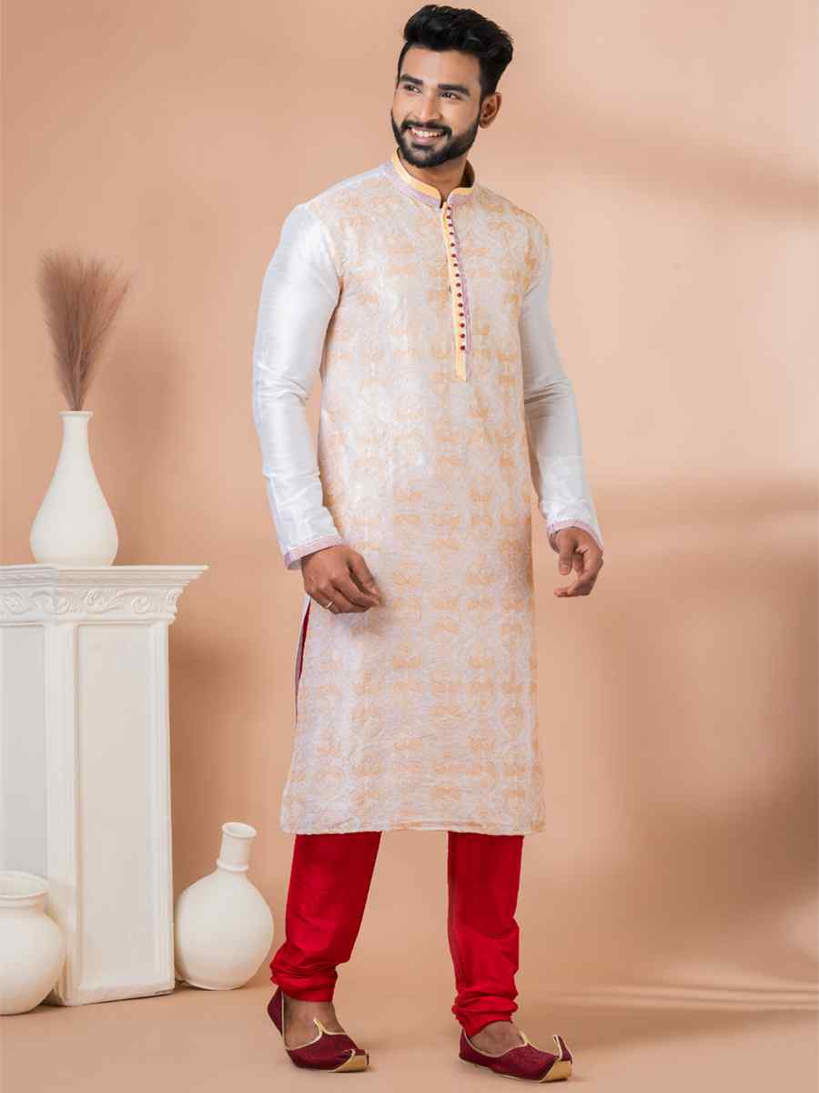White Banarasi Dupion Woven Festival Wedding Kurta