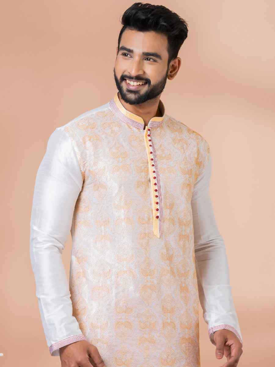 White Banarasi Dupion Woven Festival Wedding Kurta
