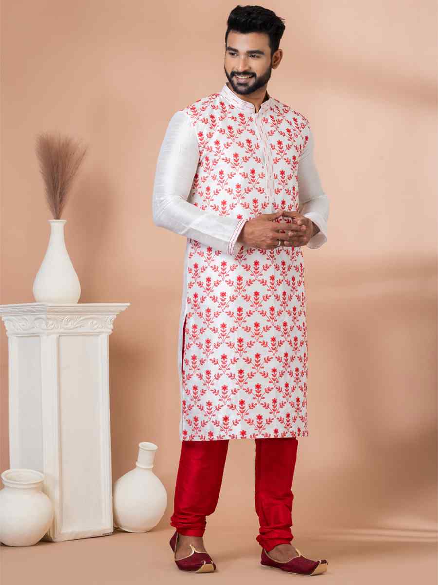 White Banarasi Dupion Woven Festival Wedding Kurta