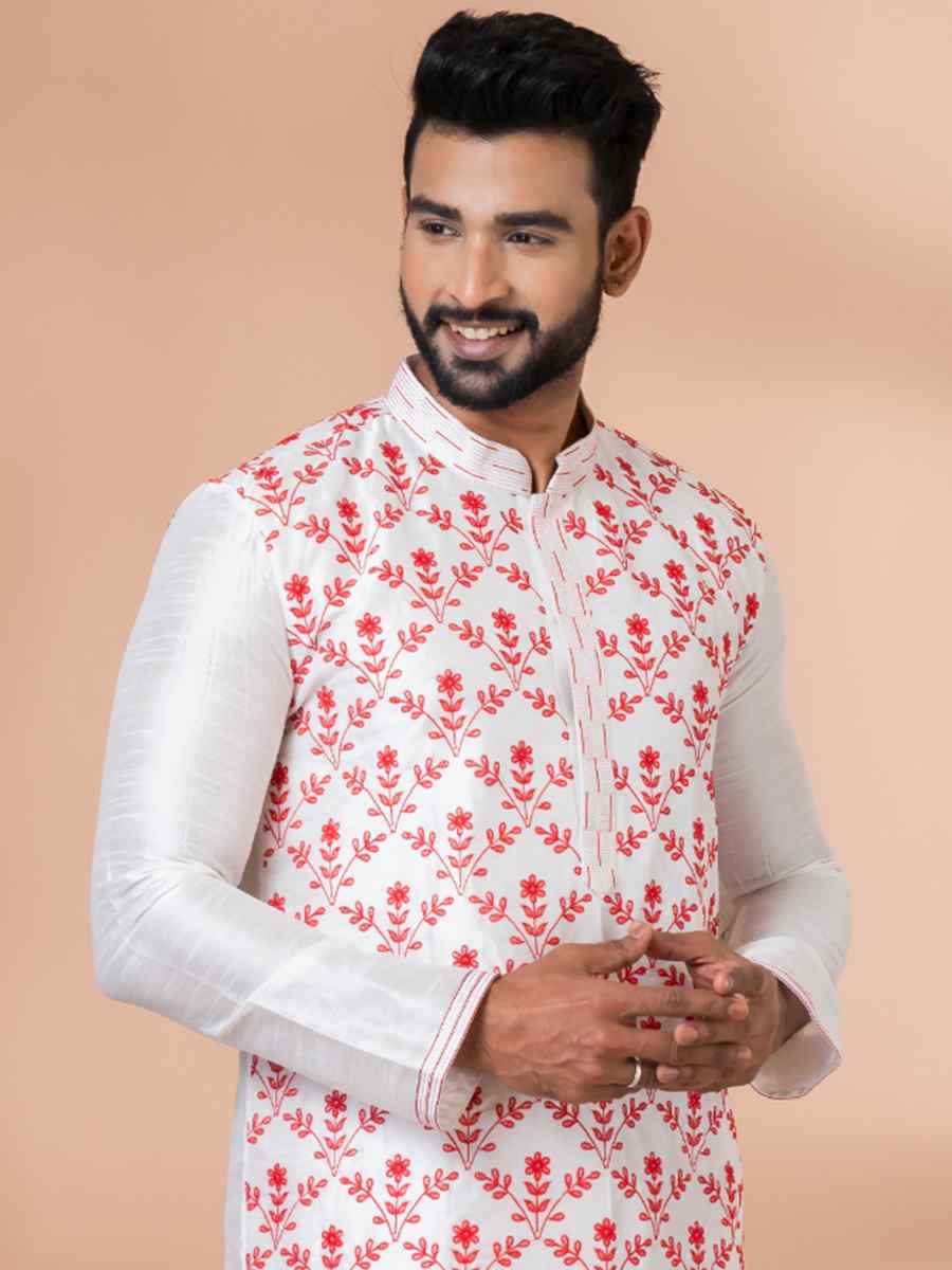 White Banarasi Dupion Woven Festival Wedding Kurta