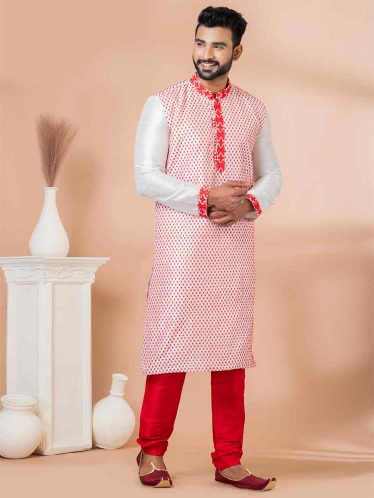 White Banarasi Dupion Woven Festival Wedding Kurta