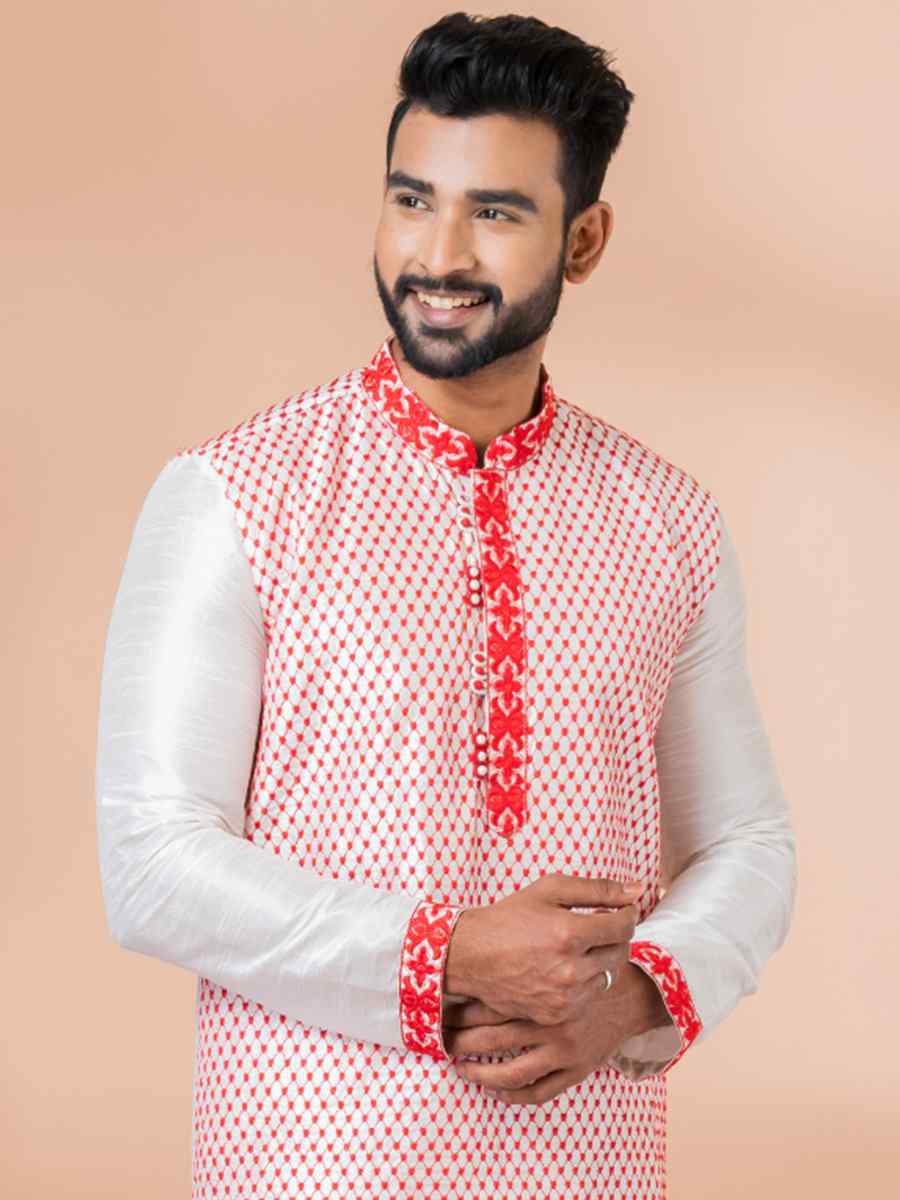 White Banarasi Dupion Woven Festival Wedding Kurta