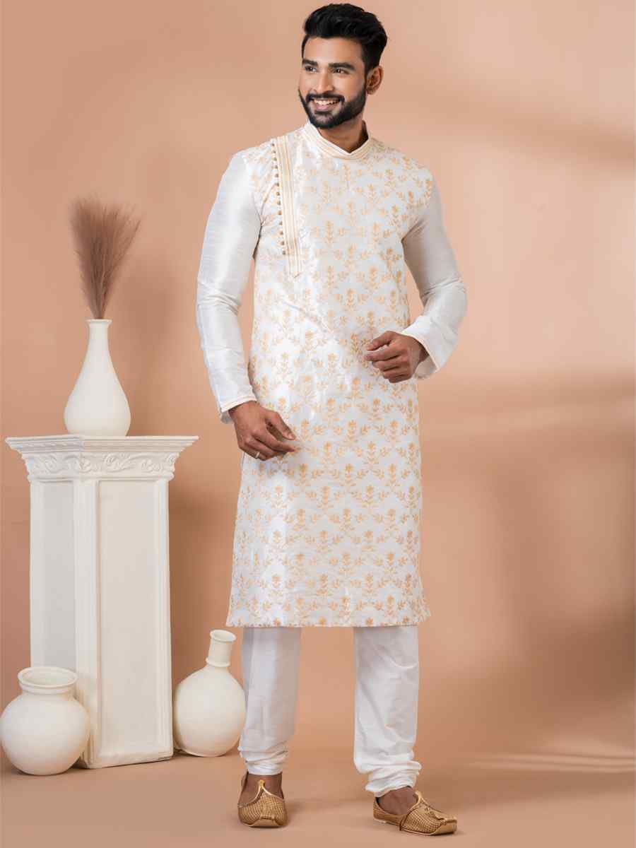 White Banarasi Dupion Woven Festival Wedding Kurta
