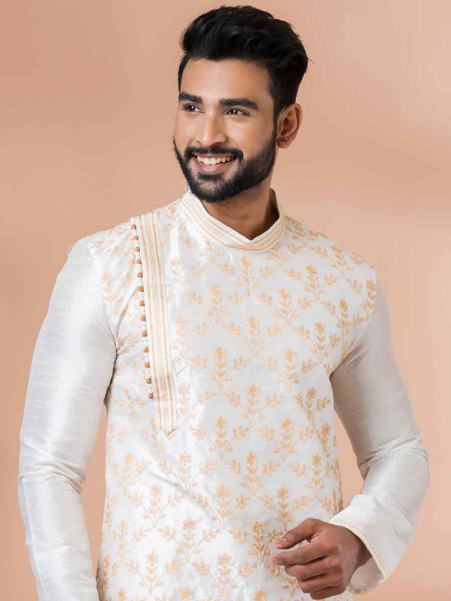 White Banarasi Dupion Woven Festival Wedding Kurta