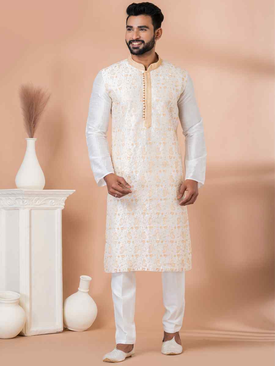 White Banarasi Dupion Woven Festival Wedding Kurta