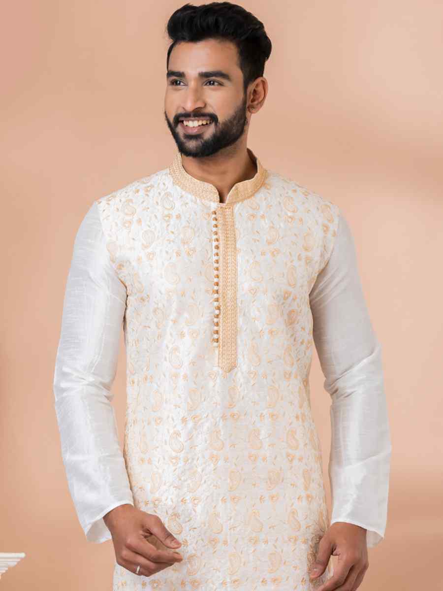 White Banarasi Dupion Woven Festival Wedding Kurta