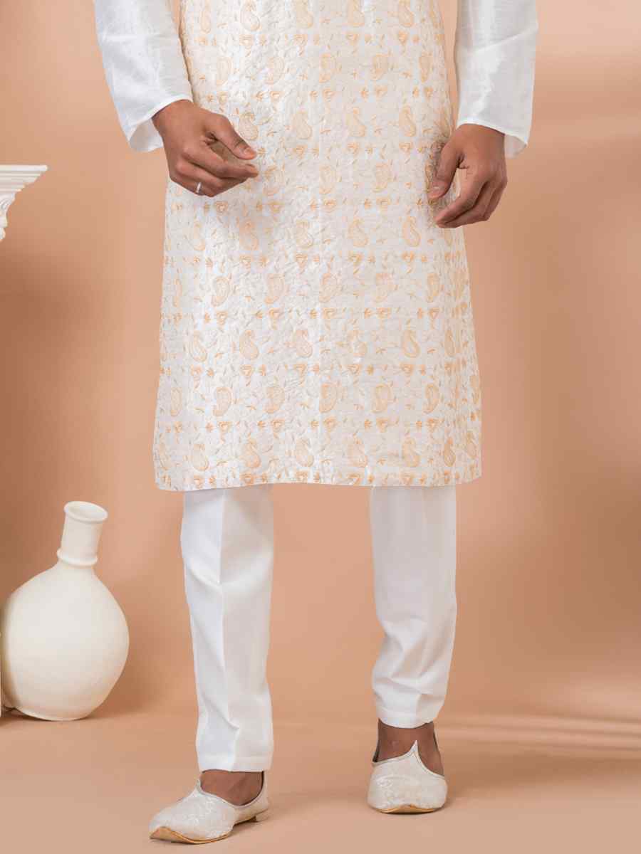 White Banarasi Dupion Woven Festival Wedding Kurta