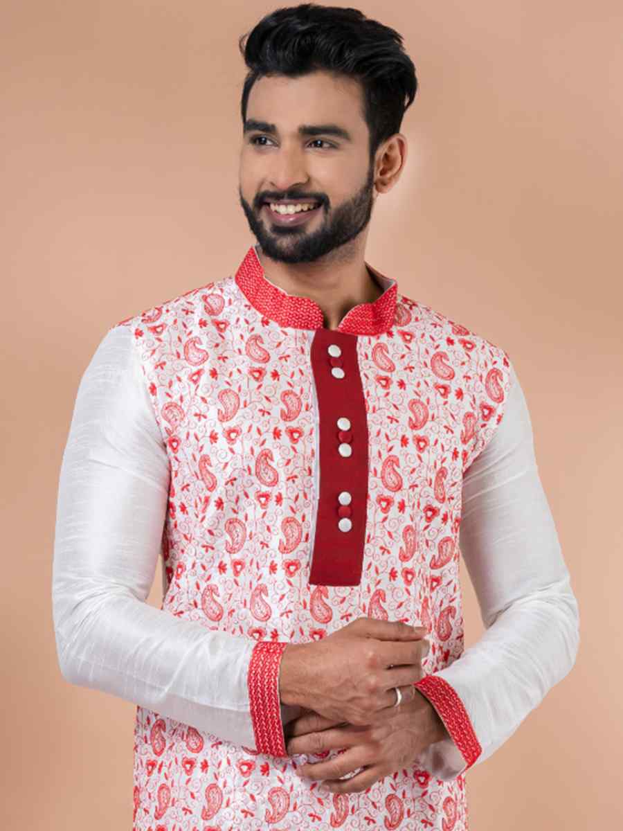 White Banarasi Dupion Woven Festival Wedding Kurta