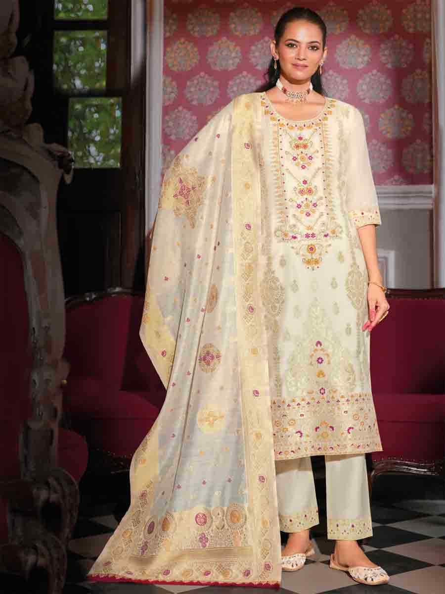 White Banarasi Jacquard Silk Embroidered Festival Casual Ready Pant Salwar Kameez