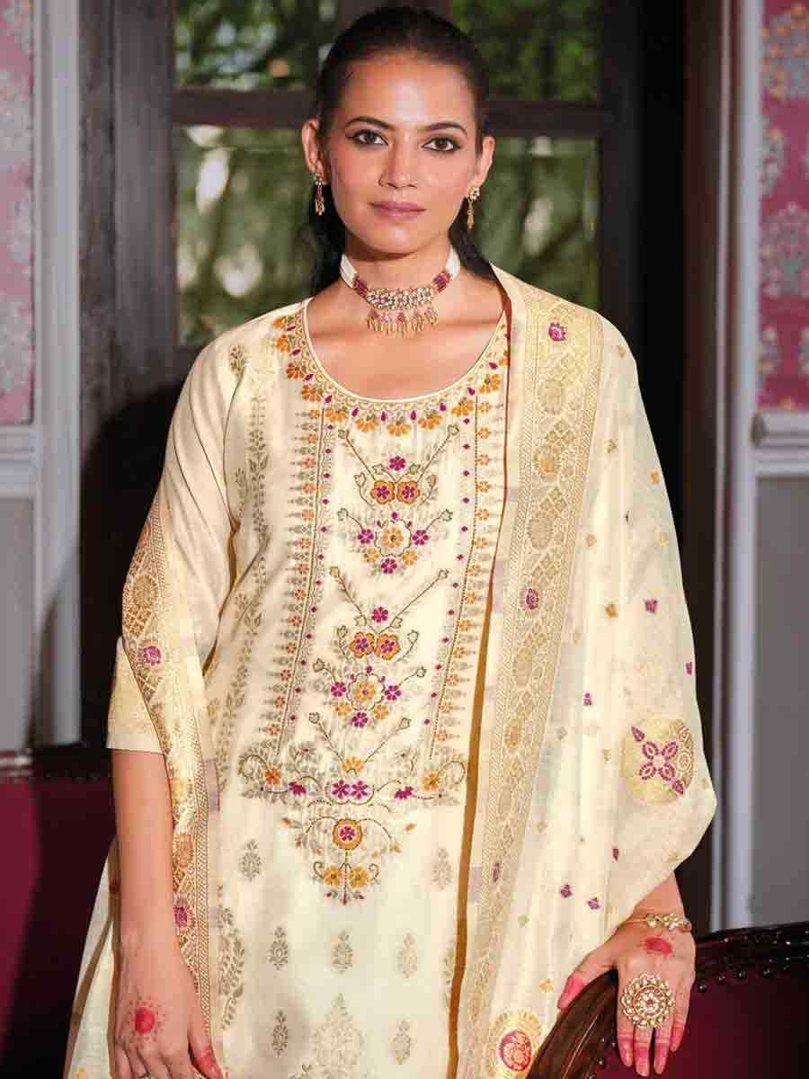 White Banarasi Jacquard Silk Embroidered Festival Casual Ready Pant Salwar Kameez