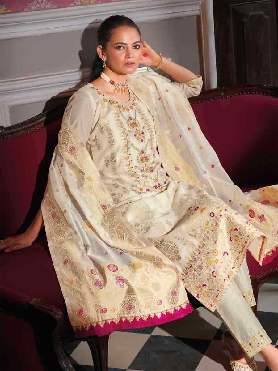 White Banarasi Jacquard Silk Embroidered Festival Casual Ready Pant Salwar Kameez