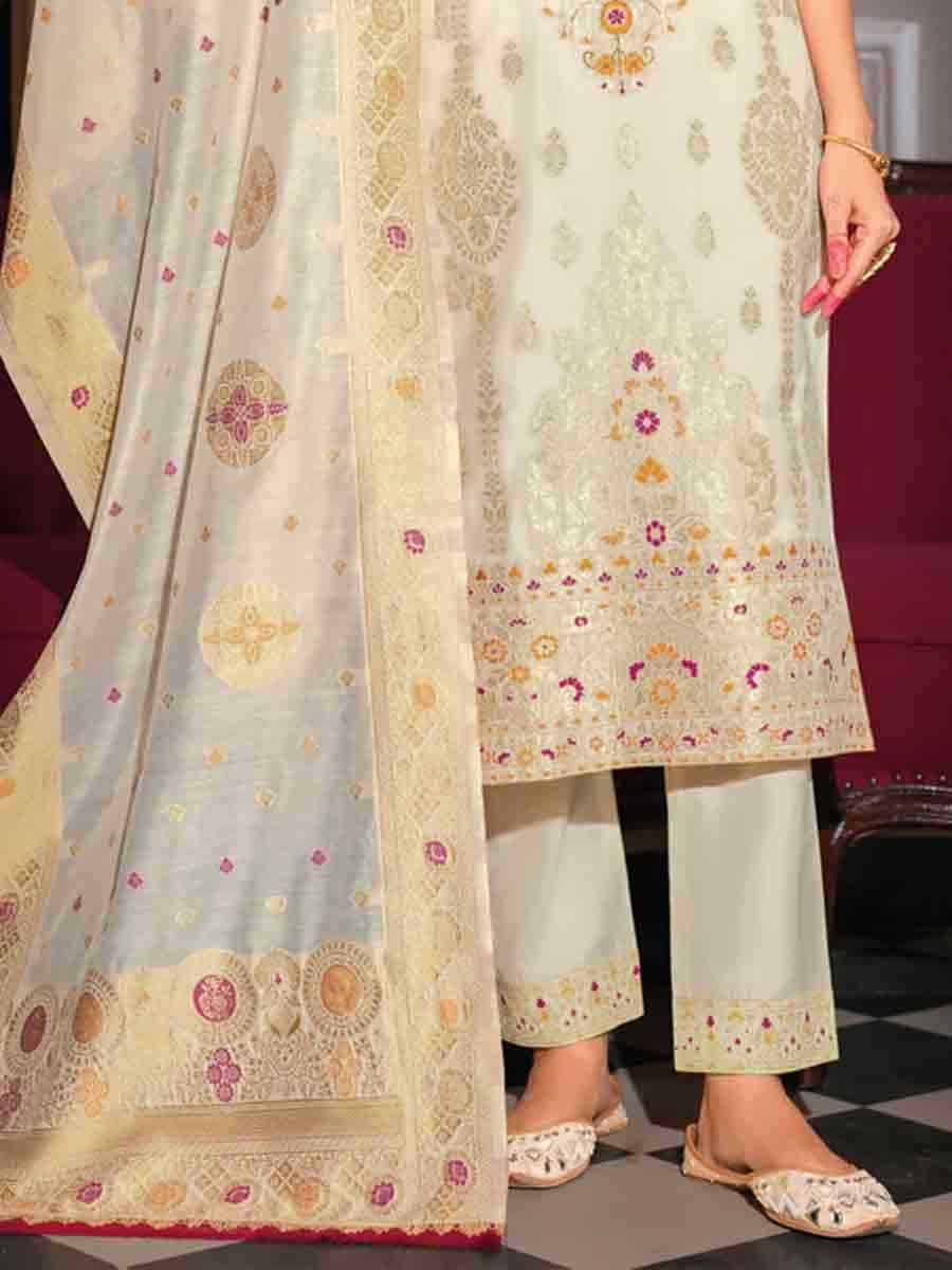 White Banarasi Jacquard Silk Embroidered Festival Casual Ready Pant Salwar Kameez
