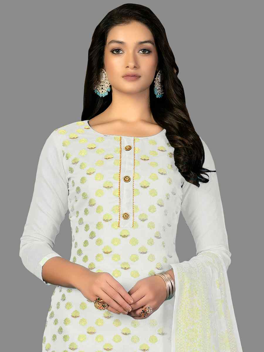 White Banarasi Jacquard Handwoven Casual Festival Pant Salwar Kameez
