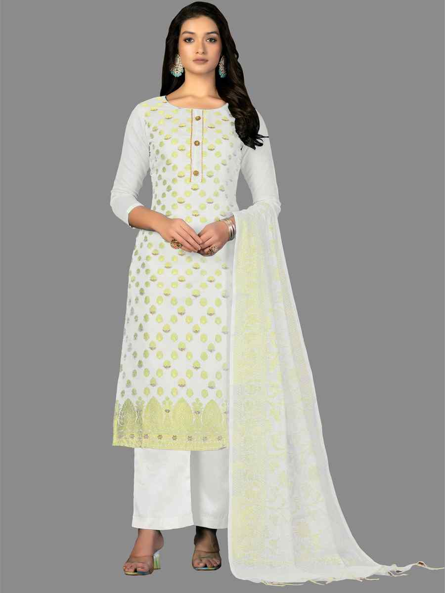 White Banarasi Jacquard Handwoven Casual Festival Pant Salwar Kameez