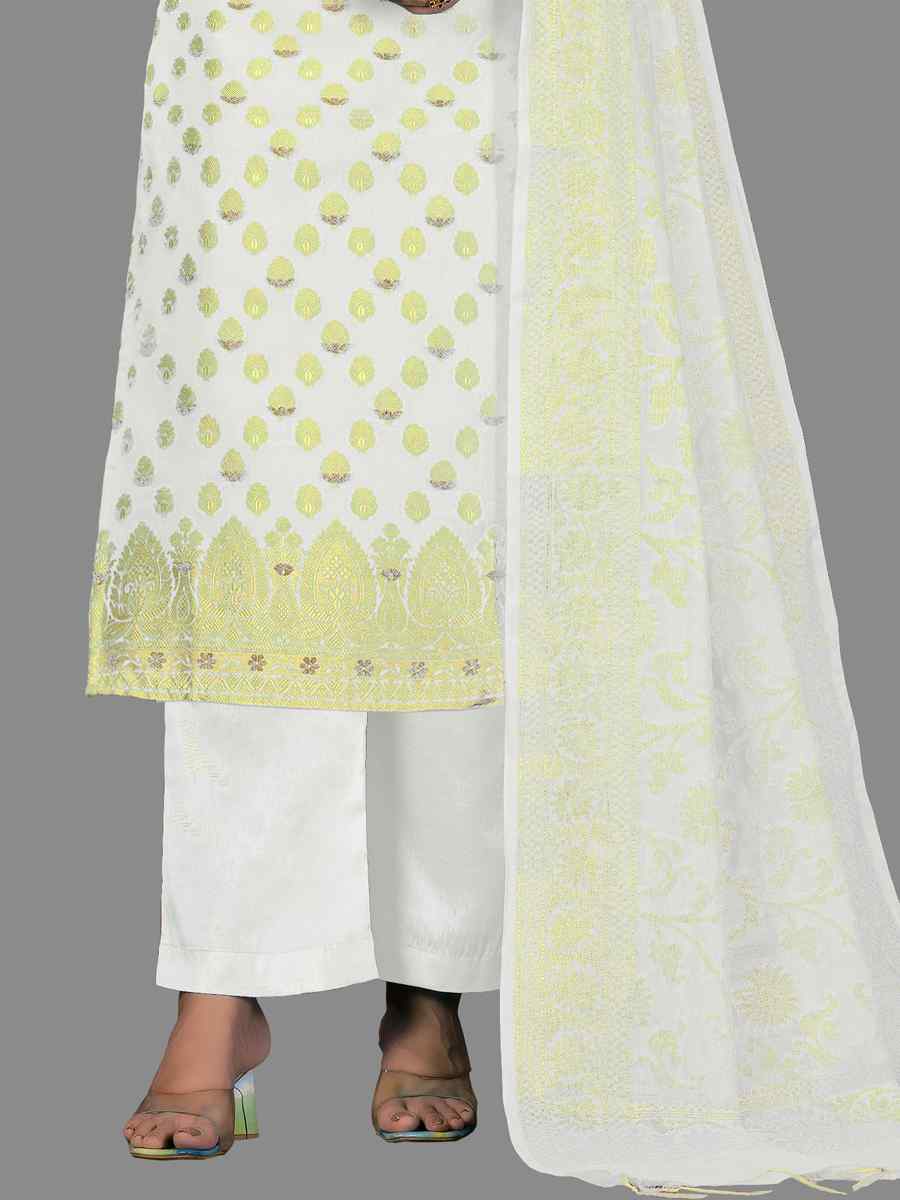 White Banarasi Jacquard Handwoven Casual Festival Pant Salwar Kameez