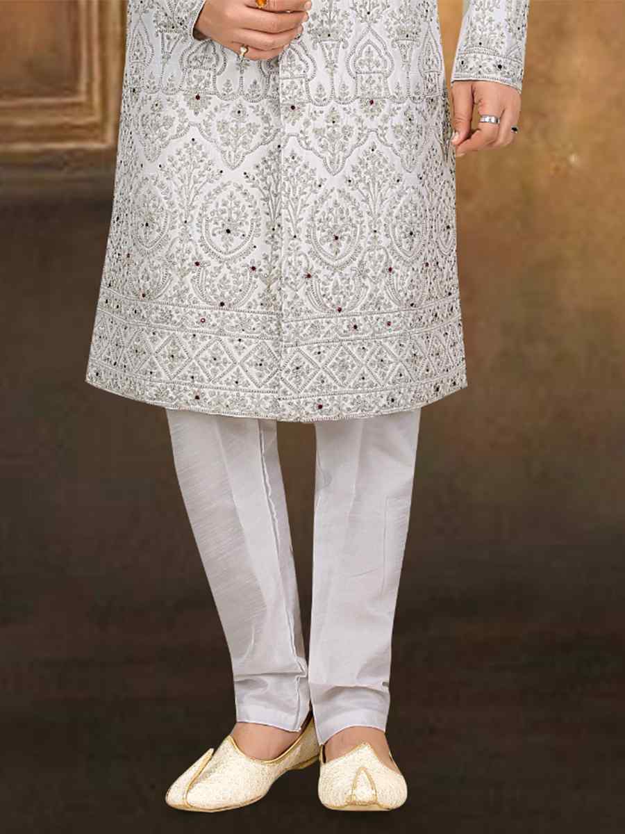 White Banarasi Jacquard Woven Groom Wedding Sherwani