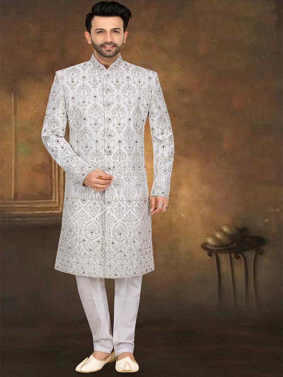 White Banarasi Jacquard Woven Groom Wedding Sherwani