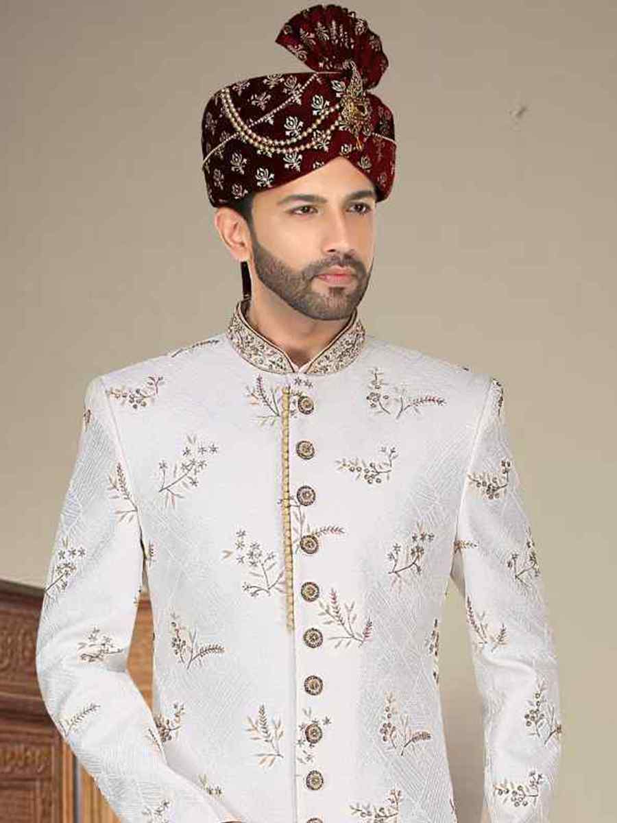 White Banarasi Jacquard Woven Groom Wedding Sherwani