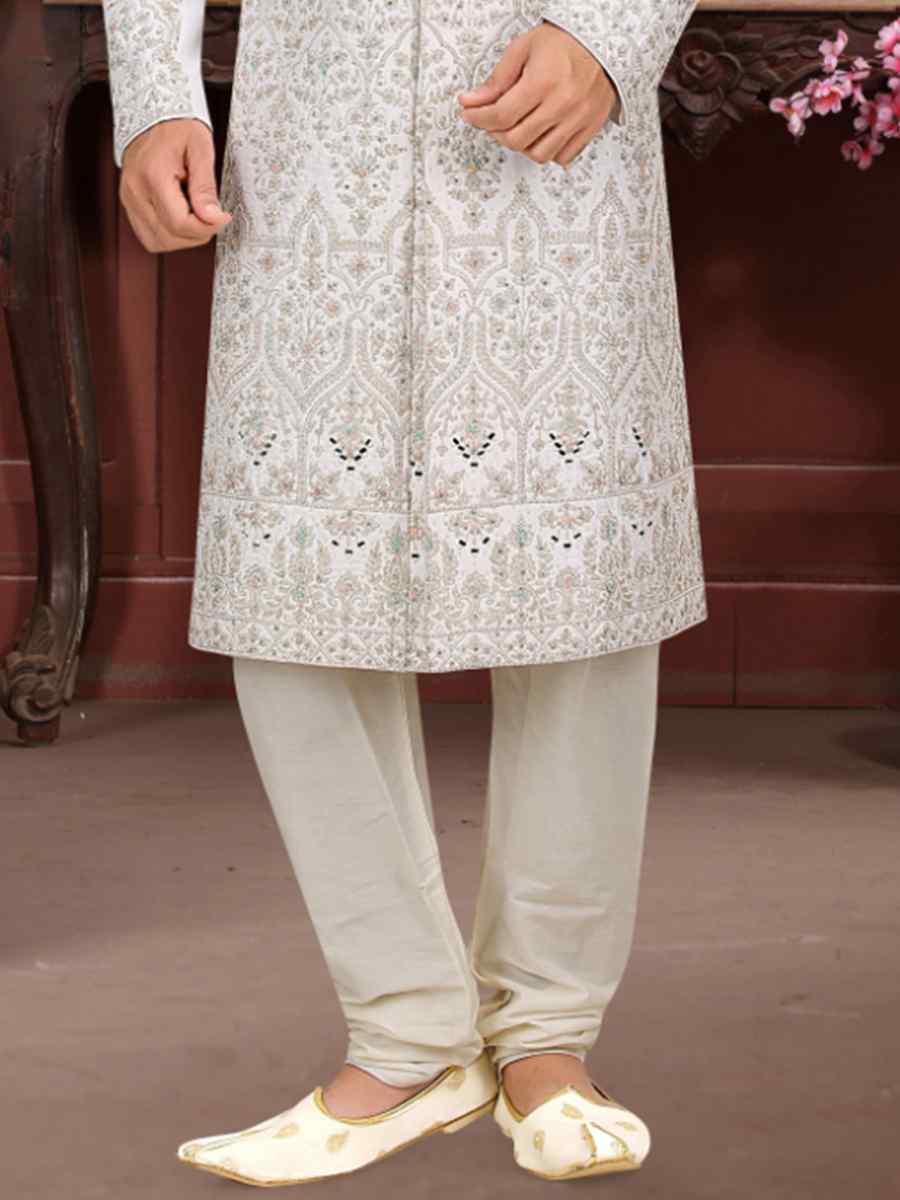White Banarasi Jacquard Woven Groom Wedding Sherwani