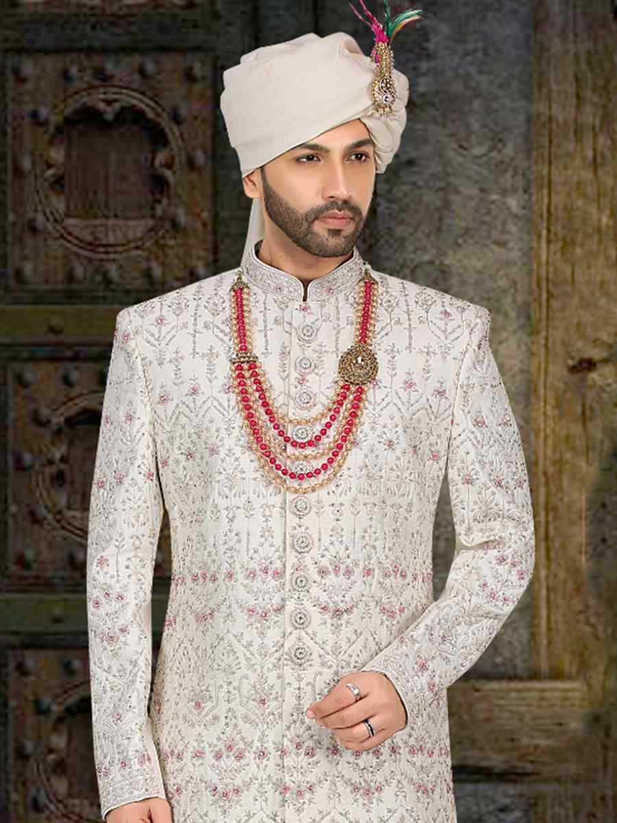 White Banarasi Jacquard Woven Groom Wedding Sherwani