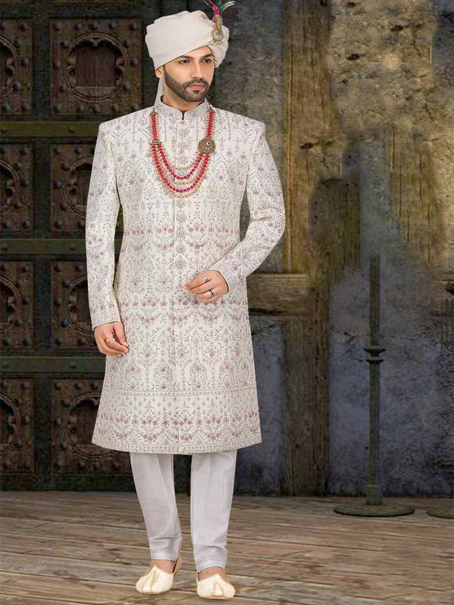 White Banarasi Jacquard Woven Groom Wedding Sherwani