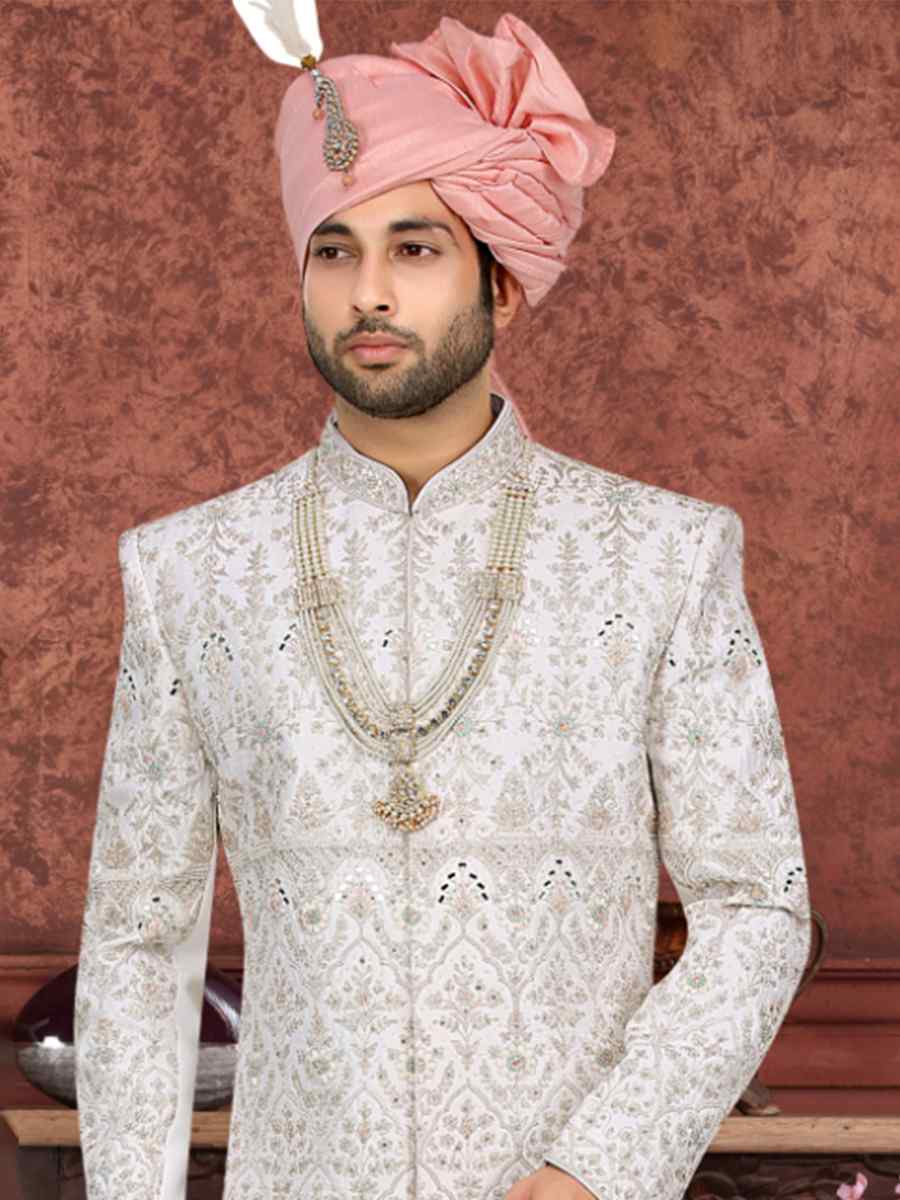 White Banarasi Jacquard Woven Groom Wedding Sherwani