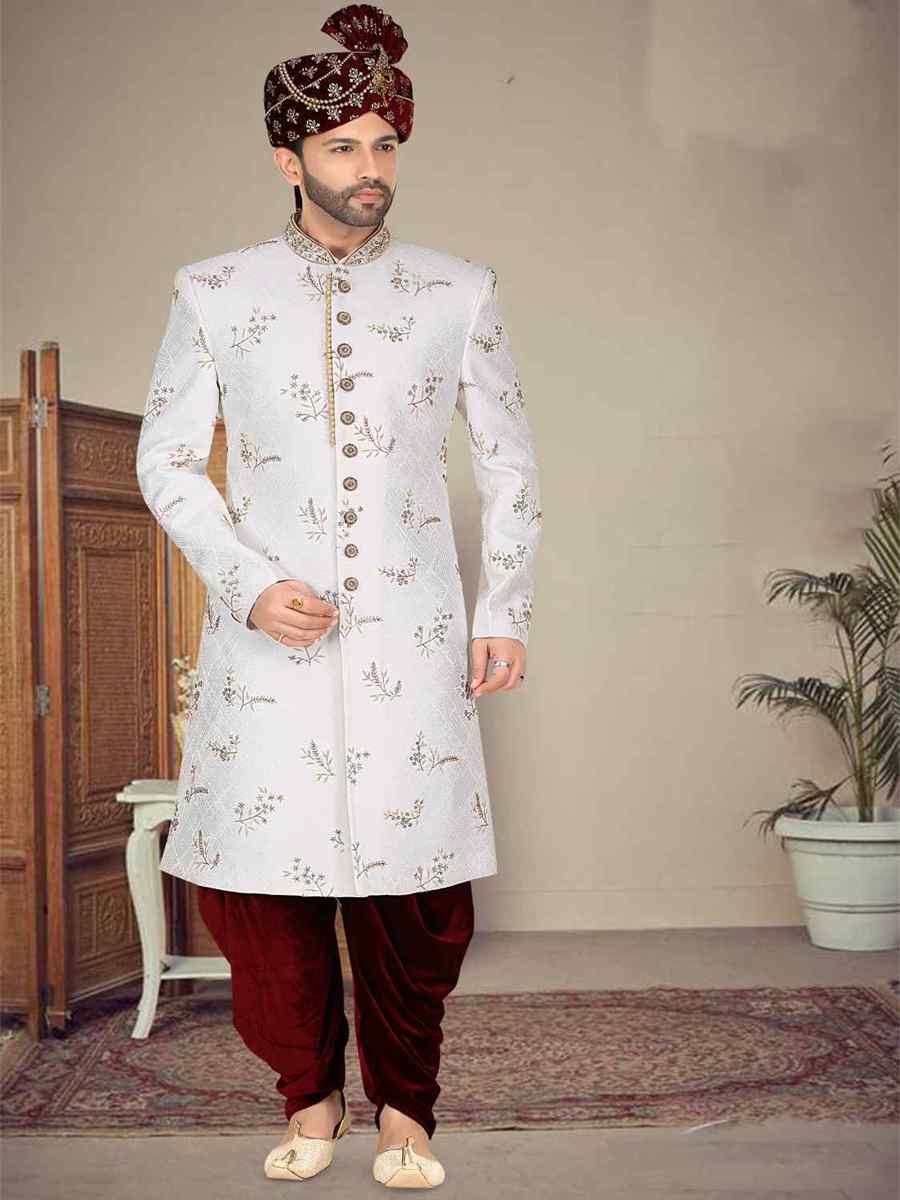 White Banarasi Jacquard Woven Groom Wedding Sherwani