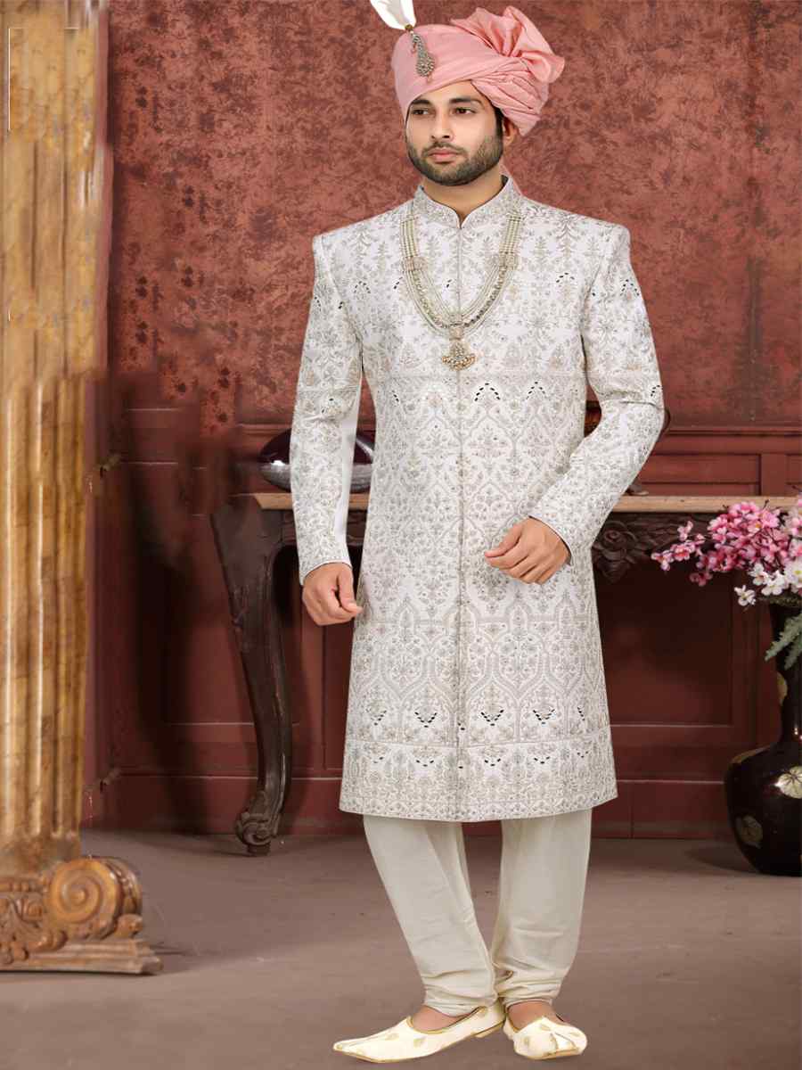 White Banarasi Jacquard Woven Groom Wedding Sherwani