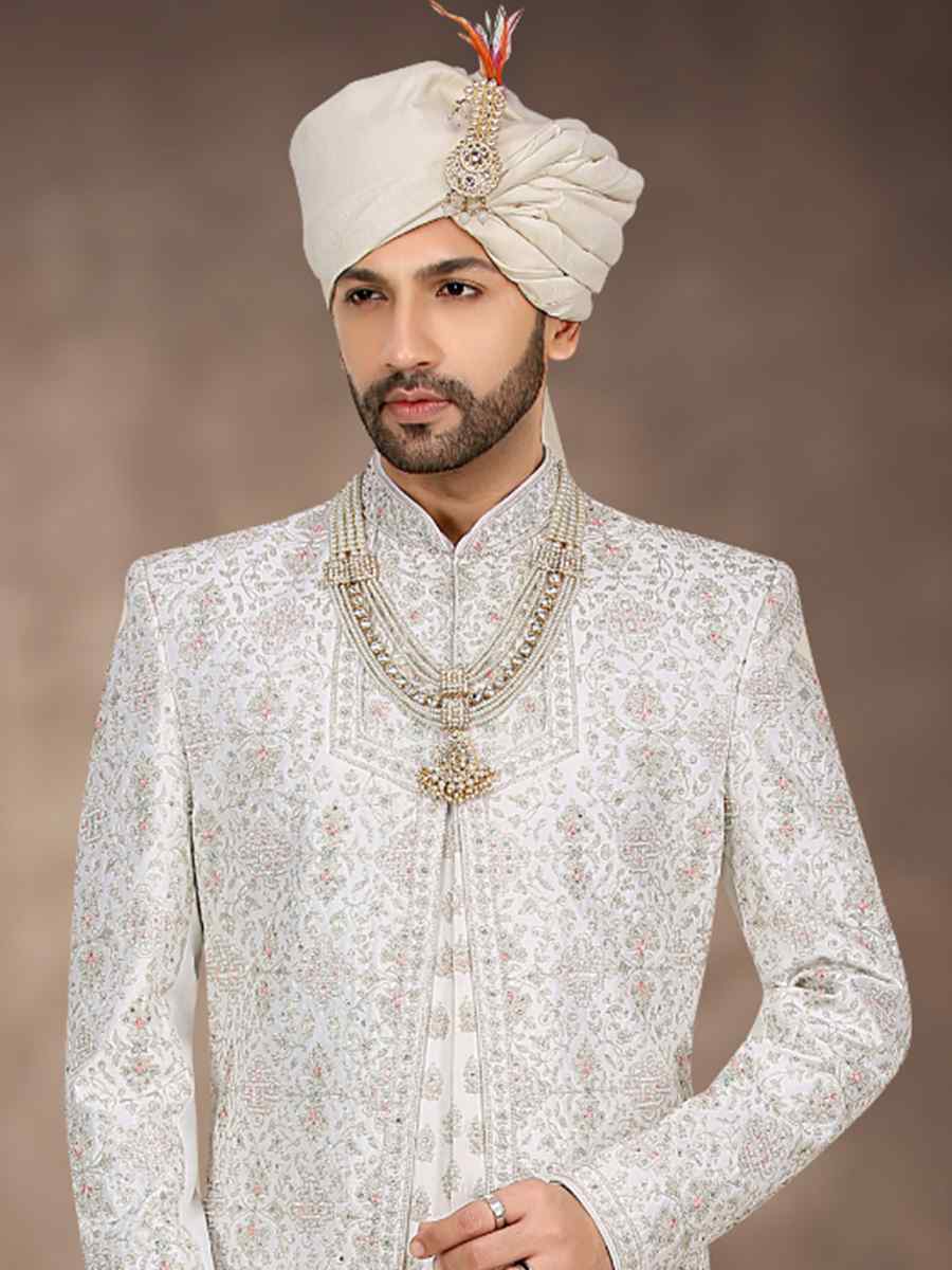 White Banarasi Jacquard Woven Groom Wedding Sherwani