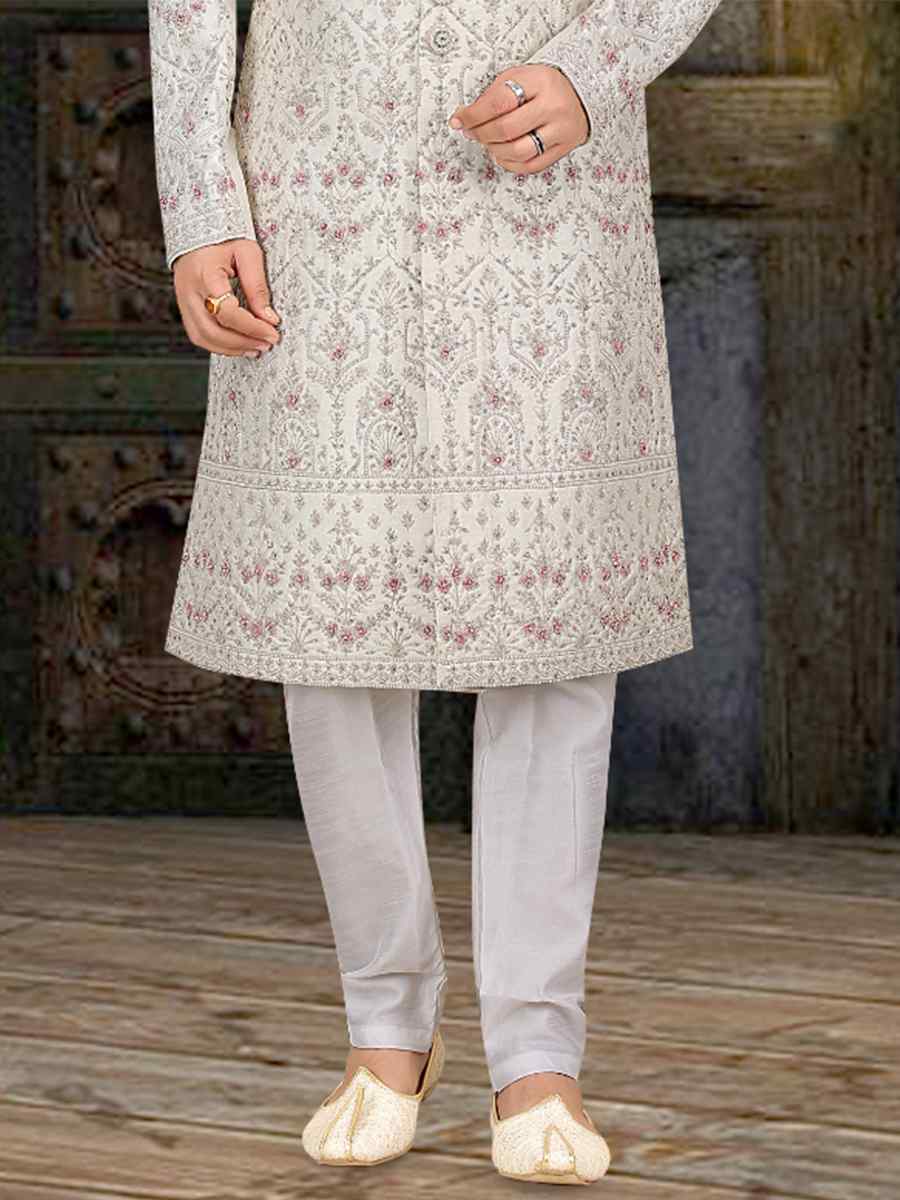 White Banarasi Jacquard Woven Groom Wedding Sherwani