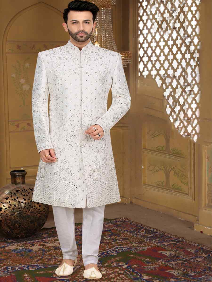 White Banarasi Jacquard Woven Groom Wedding Sherwani