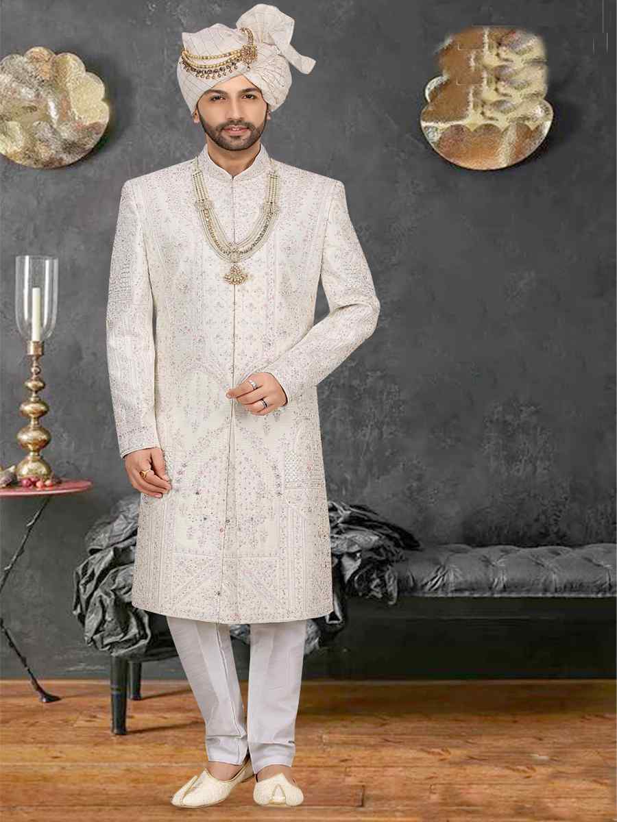 White Banarasi Jacquard Woven Groom Wedding Sherwani