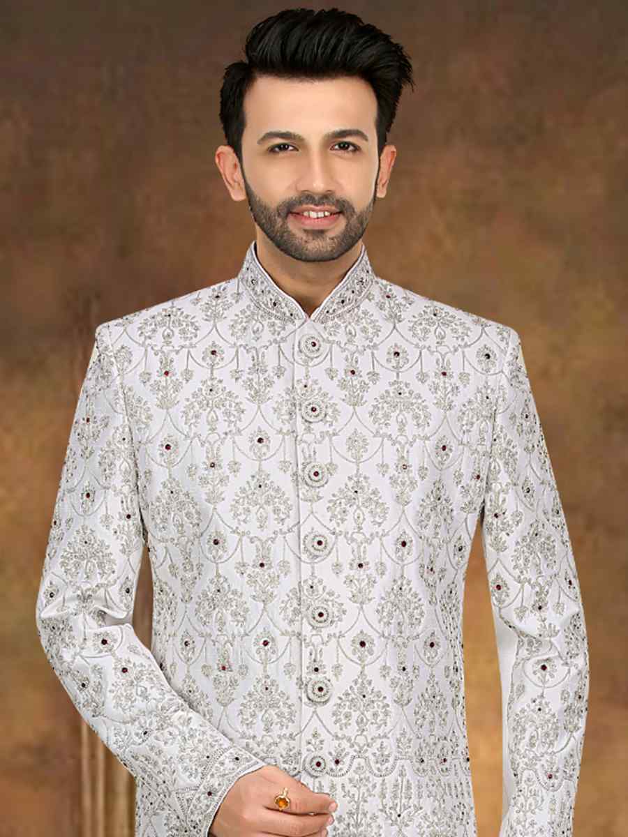 White Banarasi Jacquard Woven Groom Wedding Sherwani