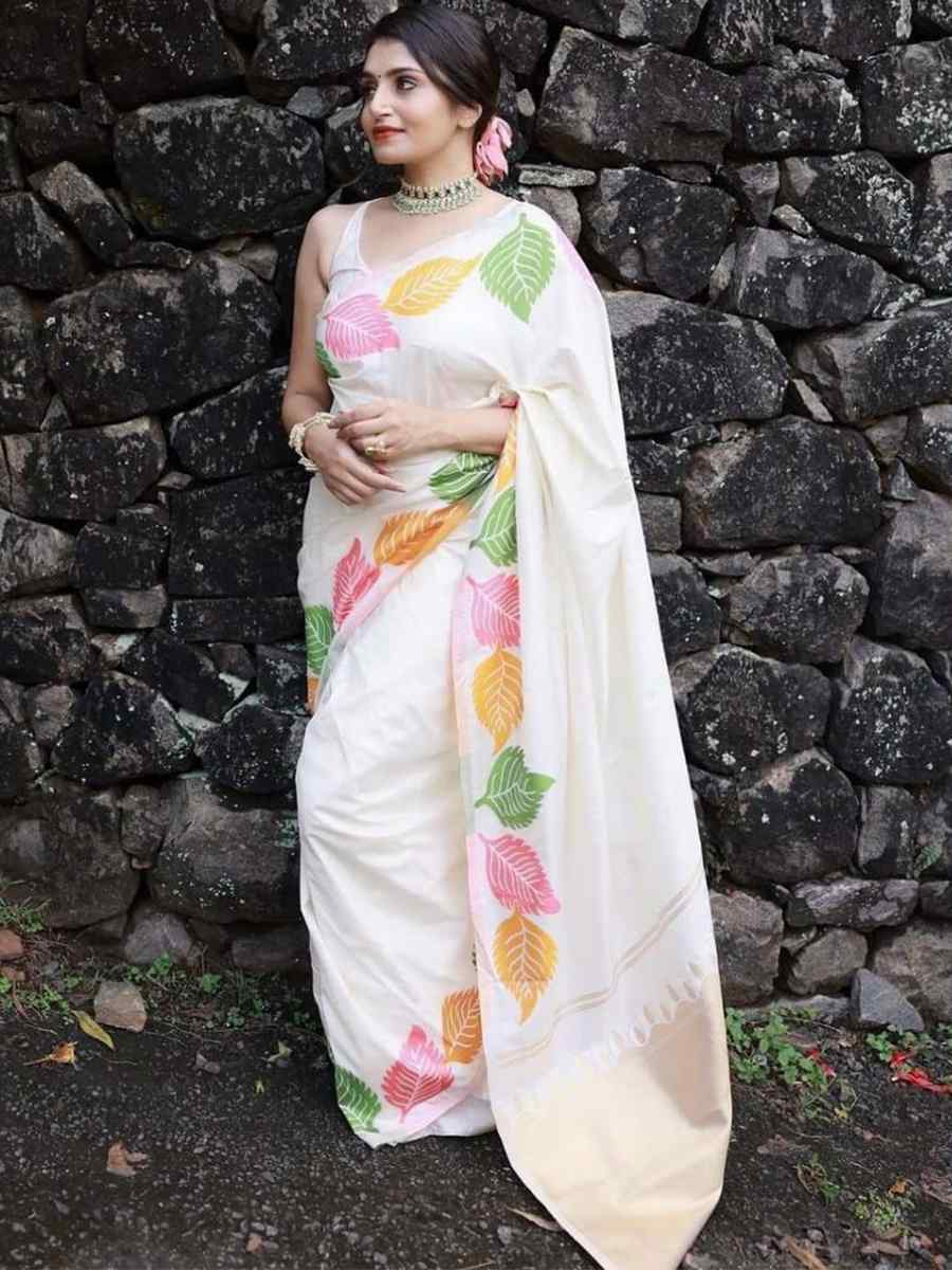 White Banarasi Soft Silk Handwoven Festival Casual Heavy Border Saree