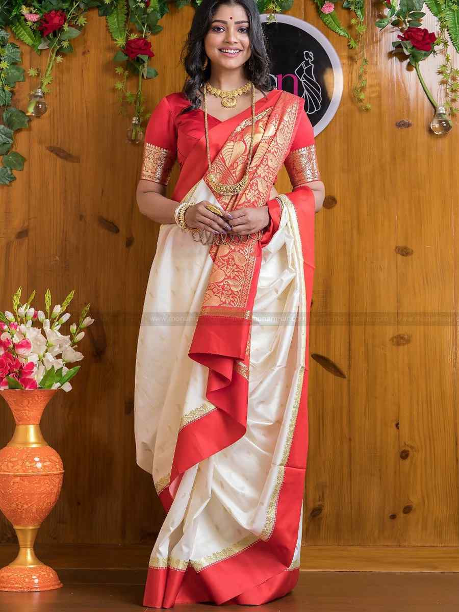 White Banarasi Soft Silk Jacquard Festival Wear Fancy Heavy Border Saree