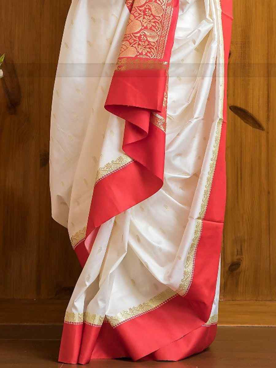 White Banarasi Soft Silk Jacquard Festival Wear Fancy Heavy Border Saree