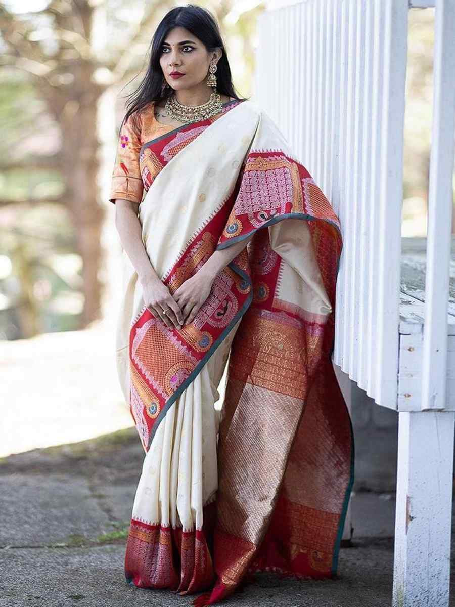 White Banarasi Soft Silk Jacquard Festival Wear Fancy Heavy Border Saree