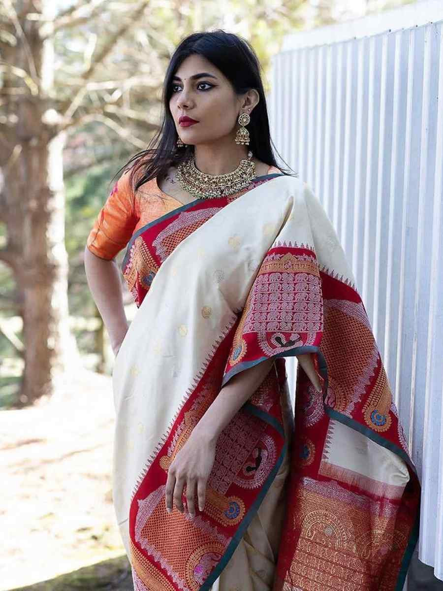 White Banarasi Soft Silk Jacquard Festival Wear Fancy Heavy Border Saree