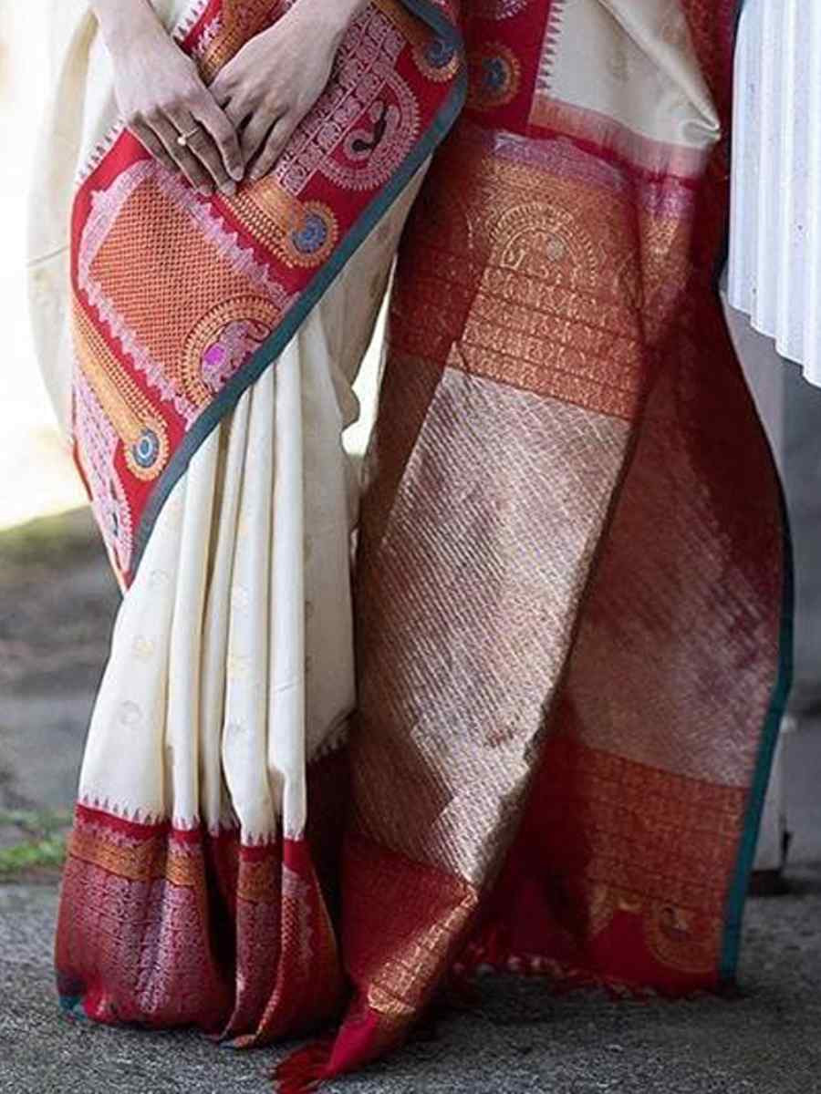 White Banarasi Soft Silk Jacquard Festival Wear Fancy Heavy Border Saree